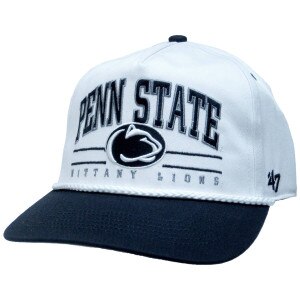 white twill hat with embroidered Penn State Nittany Lions and navy brim